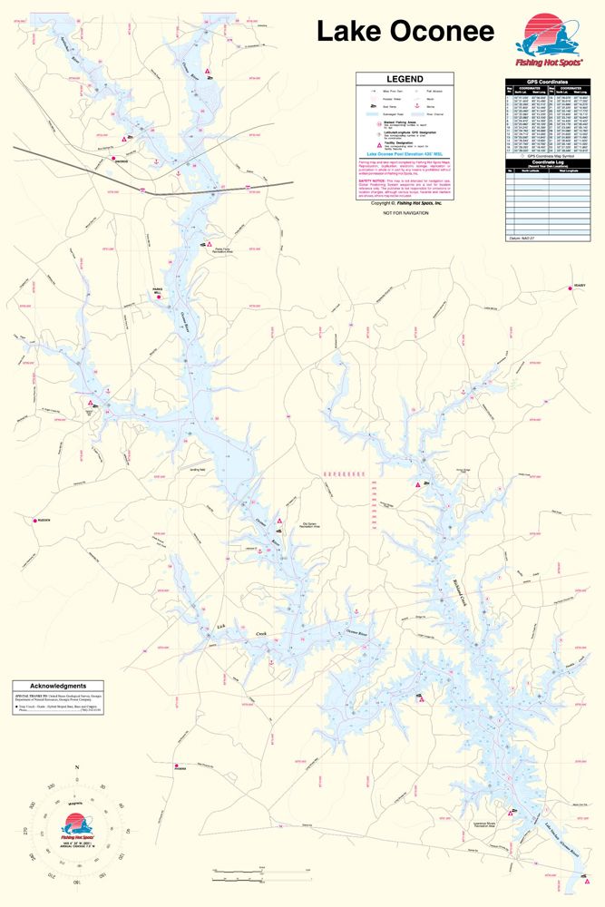 Oconee Lake, Georgia Waterproof Map (Fishing Hot Spots)